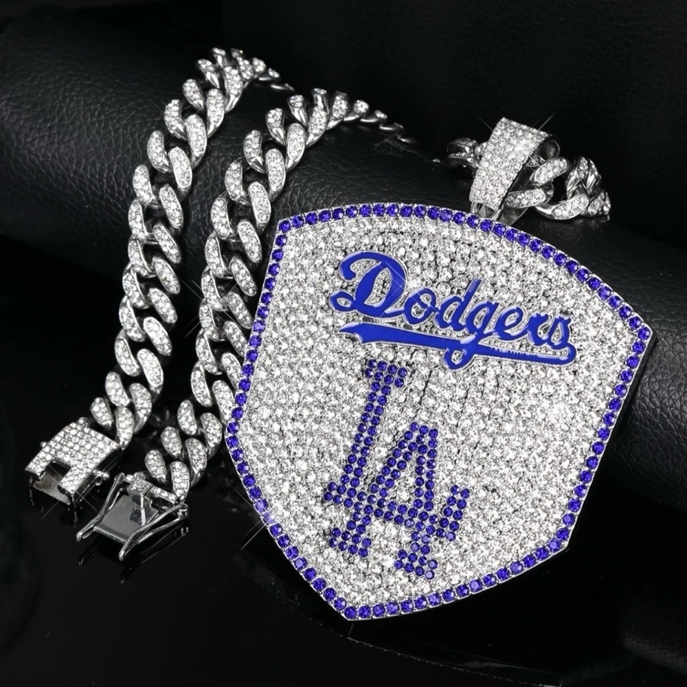 Iced Out Cuban Chain Rhinestone Large Pendant Necklace LA DODGERS MENS 20” Chain
